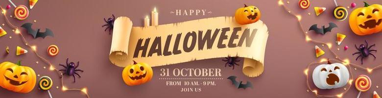 Halloween Promotion Poster or banner template with halloween pumpkin ghost, candy,string lights and halloween elements. Website spooky or banner template vector