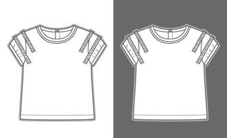 Kids tee shirt with ruffle details garment sketch fashion template vector