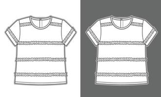 Kids tee shirt with ruffle details garment sketch fashion template vector