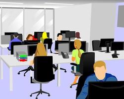 ilustración vectorial de oficina. el empleador se sienta frente a la computadora haciendo su trabajo. vector