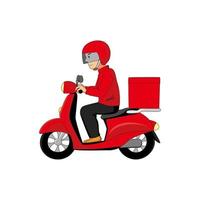 delivery man with red scooter. man drive motorbike carry package vector illustration.