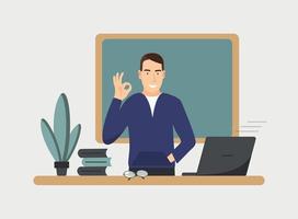 Smilling cute teacher shows ok Online learning concept Teacher with books and chalkboard video lesson Vector illustration in flat style