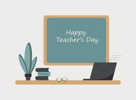 Online learning concept Happy teacher s day Vector teacher's table illustration in flat style