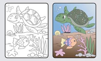 libro de colorear educativo de tortuga de dibujos animados para niños y escuela primaria, ilustración vectorial.