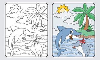 libro de colorear de educación de delfines y playa para niños y escuela primaria, ilustración vectorial.