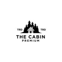 cabaña de madera premium y bosque de pinos diseño de logotipo negro vector retro