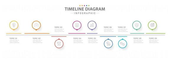 plantilla infográfica para negocios. Calendario de diagrama de línea de tiempo moderno de 9 pasos con temas circulares, infografía vectorial de presentación. vector
