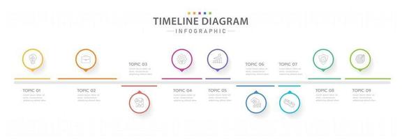 Infographic template for business. 9 Steps Modern Timeline diagram calendar with circle topics, presentation vector infographic.