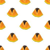 Seamless pattern with fresh bright exotic cut slice papaya fruit on white background. Summer fruits for healthy lifestyle. Organic fruit. Cartoon style. Vector illustration for any design.