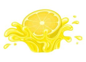 Fresh bright half cut lemon juice splash burst isolated on white background. Summer fruit juice. Cartoon style. Vector illustration for any design.