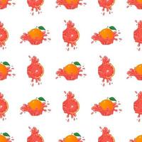 Seamless pattern with fresh bright grapefruit juice splash burst isolated on white background. Summer fruit juice. Cartoon style. Vector illustration for any design.