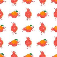 Seamless pattern with fresh bright grapefruit juice splash burst isolated on white background. Summer fruit juice. Cartoon style. Vector illustration for any design.