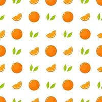 Seamless pattern with fresh whole, cut slice of orange fruit and green leaves on white background. Tangerine. Organic fruit. Vector illustration for design, web, wrapping paper, fabric, wallpaper.