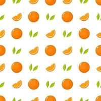 Seamless pattern with fresh whole, cut slice of orange fruit and green leaves on white background. Tangerine. Organic fruit. Vector illustration for design, web, wrapping paper, fabric, wallpaper.