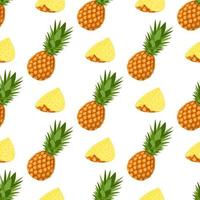 Seamless pattern with fresh whole and cut slices pineapple fruit with leaves on white background. Summer fruits for healthy lifestyle. Organic fruit. Cartoon style. Vector illustration for any design.