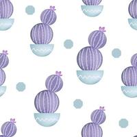 Vector seamless pattern with cactus and circles. Cute violet cactus. Repeating hand drawn background.