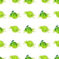 Seamless pattern with fresh bright lime juice splash burst isolated on white background. Summer fruit juice. Cartoon style. Vector illustration for any design.