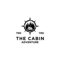 premium wooden cabin, pine forest and compass signpost retro vector black logo design