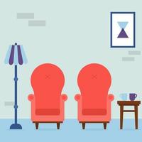 Interior of the living room. Vintage cozy red armchairs, abstract picture, lamp and chair with cups in room. Interior elements. Vector illustration.