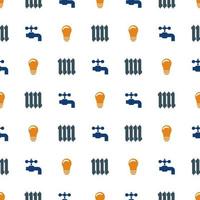 Seamless pattern with water crane, lightbulb and radiator on white background. Flat style icon of utilities. Symbol of light. Vector illustration for design, web, wrapping paper, fabric, wallpaper.