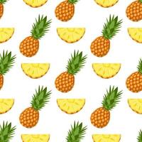 Seamless pattern with fresh whole and cut slices pineapple fruit with leaves on white background. Summer fruits for healthy lifestyle. Organic fruit. Cartoon style. Vector illustration for any design.