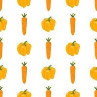 Seamless pattern with fresh carrot and bell pepper vegetables. Organic food. Cartoon style. Vector illustration for design, web, wrapping paper, fabric, wallpaper.