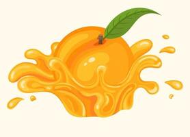 Fresh peach juice splash burst isolated on white background. Summer fruit juice. Cartoon style. Vector illustration for any design.