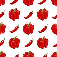 Seamless pattern with fresh bell pepper and chilli pepper vegetables. Organic food. Cartoon style. Vector illustration for design, web, wrapping paper, fabric, wallpaper.