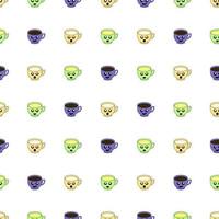 Seamless pattern with cup emoticons on white background. Kawaii doodle cups character with cute anime expressions. Vector illustration.