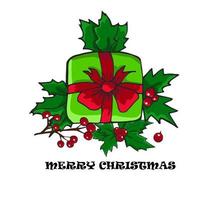 caja de regalo de navidad y año nuevo con acebos y frutos rojos. ilustración vectorial tarjeta de felicitación. vector
