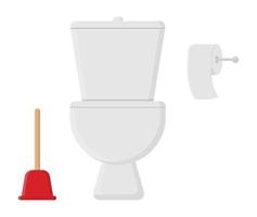 Ceramic toilet bowl, red plunger and white roll of toilet paper isolated on white background. Cartoon style. Vector illustration for any design.