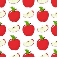 Seamless pattern with red whole and slice apples on white background. Organic fruit. Cartoon style. Vector illustration for design, web, wrapping paper, fabric, wallpaper.