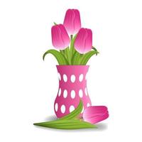 Realistic pink tulips in vase isolated on white background. Boucket of tulips. Vector Illustration for Your Design.