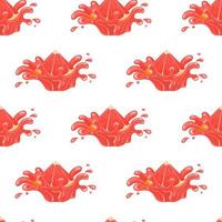 Seamless pattern with fresh bright grapefruit juice splash burst isolated on white background. Summer fruit juice. Cartoon style. Vector illustration for any design.