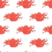 Seamless pattern with fresh bright grapefruit juice splash burst isolated on white background. Summer fruit juice. Cartoon style. Vector illustration for any design.