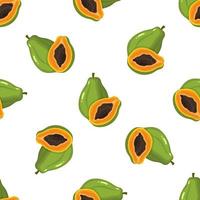 Seamless pattern with fresh bright exotic whole and half papaya fruit on white background. Summer fruits for healthy lifestyle. Organic fruit. Cartoon style. Vector illustration for any design.