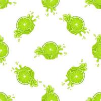 Seamless pattern with fresh bright lime juice splash burst isolated on white background. Summer fruit juice. Cartoon style. Vector illustration for any design.