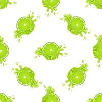 Seamless pattern with fresh bright lime juice splash burst isolated on white background. Summer fruit juice. Cartoon style. Vector illustration for any design.