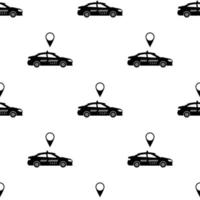 Seamless pattern with black taxi car on white background. Transportation concept. Black silhouette of taxi. Vector illustration for design, web, wrapping paper, fabric