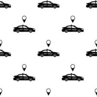 Seamless pattern with black taxi car on white background. Transportation concept. Black silhouette of taxi. Vector illustration for design, web, wrapping paper, fabric