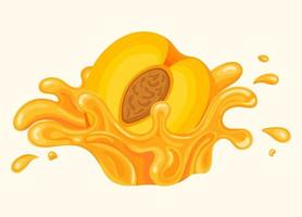 ráfaga de salpicaduras de jugo de durazno fresco aislado sobre fondo blanco. jugo de frutas de verano. estilo de dibujos animados ilustración vectorial para cualquier diseño. vector