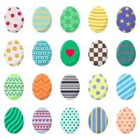 Set of Easter Eggs isolated on white background. Different Colorful Eggs with Stripes, Dots, Hearts and Patterns. Perfect For Greeting Cards, Invitations. Vector illustration in Flat Design.