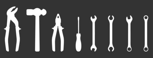 Set of silhouette icons of tools. Wrench, screwdriver, pliers, hammer. Workshop, mechanic, repair service logo template. Clean and modern vector illustration.