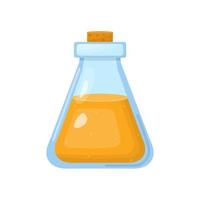 Magic potion in bottle with orange liquid isolated on white background. Chemical or alchemy elixir. Vector illustration for any design.