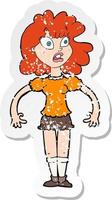 retro distressed sticker of a cartoon pretty girl with shocked expression vector