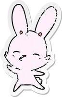 distressed sticker of a curious waving bunny cartoon vector