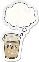 dibujos animados sacar café y burbuja de pensamiento como una pegatina gastada angustiada vector