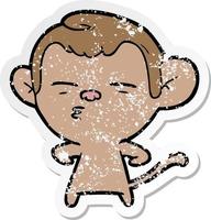 distressed sticker of a cartoon suspicious monkey vector