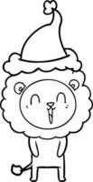 Dibujo lineal de león riendo de un sombrero de Papá Noel que lleva puesto vector