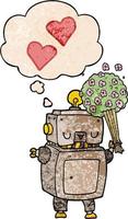 cartoon robot in love and thought bubble in grunge texture pattern style vector